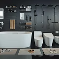 Freestanding White Bathtub in Modern Bathroom with Toilet Shower Fixtures Towels Slippers Storage Shelves and Mirror