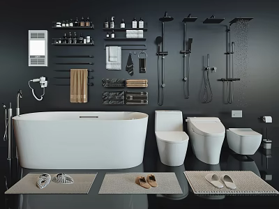 Freestanding White Bathtub in Modern Bathroom with Toilet Shower Fixtures Towels Slippers Storage Shelves and Mirror 3d model