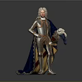 Historical Man in Silver Armor With Curly Hair Wearing Blue Cape Holding Helmet