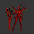 Red Insect Inspired Mechanical Character with Winged Armor and Mechanical Staff Design 3d model