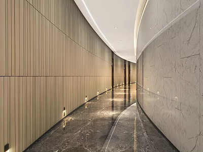 Modern Elevator Corridor Interior With Wooden Panel Walls Marble Flooring And Recessed Lighting 3d model
