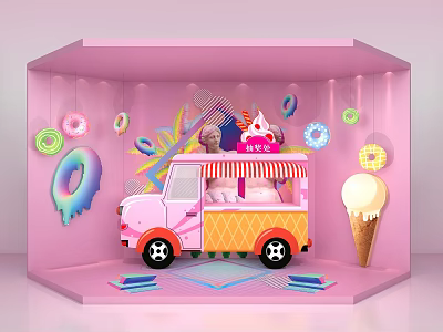 Pink Display Space With Ice Cream Truck Donuts And Ice Cream Cone Decorations 3d model
