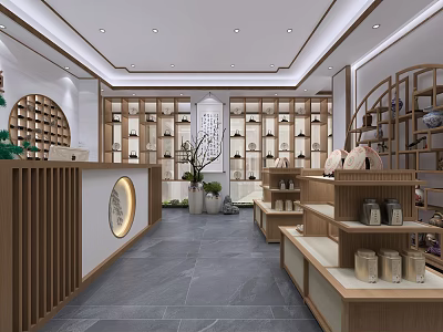 New Chinese Style Tea Specialty Store Interior with Display Shelves and Decorative Counter 3d model