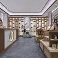 New Chinese Style Tea Specialty Store Interior with Display Shelves and Decorative Counter