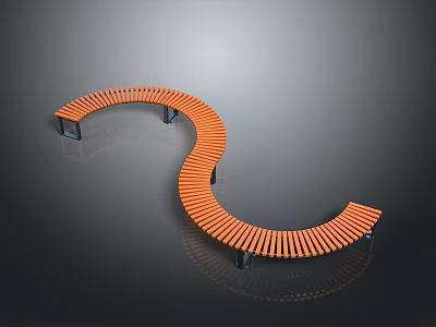 Modern Orange Curved Bench With Slatted Seat And Metal Support Legs 3d model