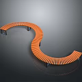 Modern Orange Curved Bench With Slatted Seat And Metal Support Legs