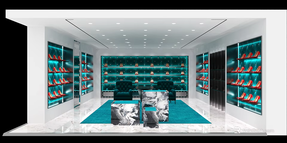 Luxury Shoe Store Interior With Teal Display Shelves Red Shoes Green Rug And Marble Tables 3d model 