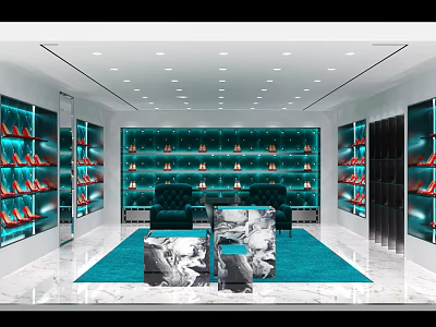 Luxury Shoe Store Interior With Teal Display Shelves Red Shoes Green Rug And Marble Tables 3d model