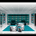 Luxury Shoe Store Interior With Teal Display Shelves Red Shoes Green Rug And Marble Tables