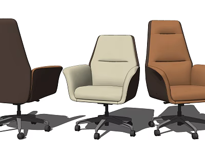 Three Different Colored Office Chairs With Dark Brown Beige Brown Swivel Base And Wheels 3d model