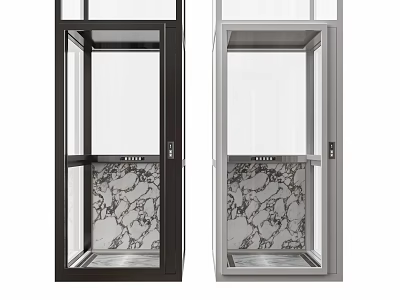 Modern Transparent Glass Elevator With Black And Silver Frames And Marble Pattern Interior 3d model