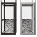 Modern Transparent Glass Elevator With Black And Silver Frames And Marble Pattern Interior