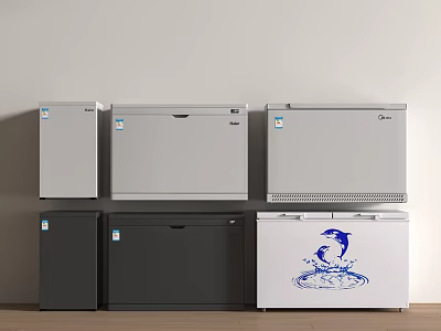 Six Freezers in Gray Black White with Blue Dolphin Pattern Arranged in Two Layers 3d model