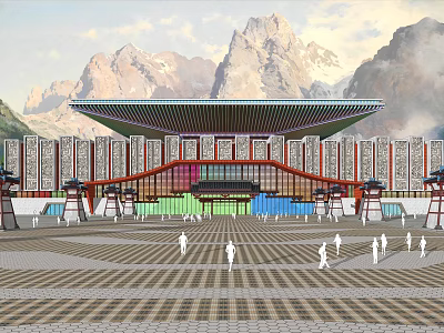 Museum Building With Traditional Roof Design Set Against Mountain Backdrop Front Plaza And Pedestrians 3d model