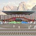 Museum Building With Traditional Roof Design Set Against Mountain Backdrop Front Plaza And Pedestrians