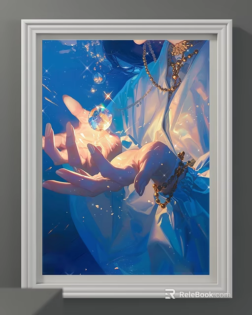 Figure Painting Of Hands Holding Glowing Crystal Ball With Blue Background And Jewelry 3d model 