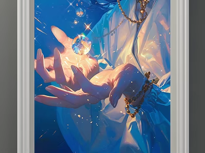 Figure Painting Of Hands Holding Glowing Crystal Ball With Blue Background And Jewelry 3d model