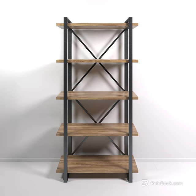 Modern Wooden Multi Tier Storage Shelf With Metal Cross Frame And Open Design 3d model 