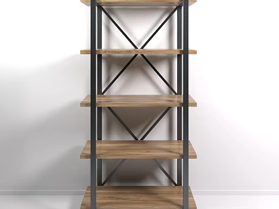 Modern Wooden Multi Tier Storage Shelf With Metal Cross Frame And Open Design 3d model