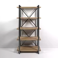 Modern Wooden Multi Tier Storage Shelf With Metal Cross Frame And Open Design