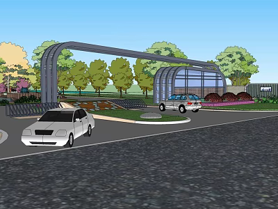 Modern Arch Entrance Gate Design With Glass Panels Metal Frame And Landscaping Near Cars 3d model