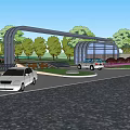 Modern Arch Entrance Gate Design With Glass Panels Metal Frame And Landscaping Near Cars