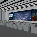 Modern Control Room With Multiple Screens Showing City Map Data Blue Chairs And Ceiling Lights