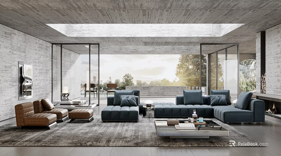 Modern Living Room Interior Design With Floor To Ceiling Windows And Blue Brown Sofas 3d model