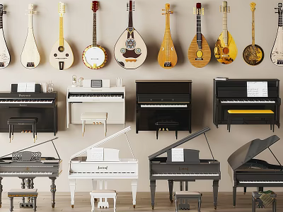 Musical Instruments And Art Supplies Display Featuring Hanging String Instruments And Grand Pianos 3d model