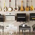 Musical Instruments And Art Supplies Display Featuring Hanging String Instruments And Grand Pianos