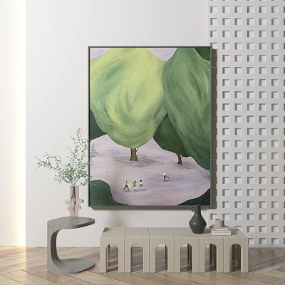 Elegant Interior Decor With Green Tree Painting People Figures And Side Table Vase 3d model