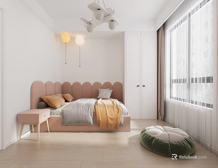 Modern Kids Bedroom Interior With Pink Headboard Green Bean Bag And White Curtains 3d model 