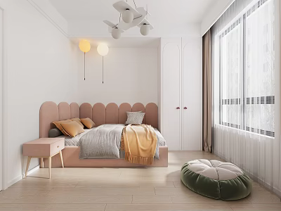 Modern Kids Bedroom Interior With Pink Headboard Green Bean Bag And White Curtains 3d model