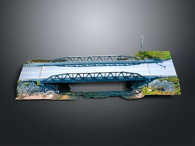 Metal Truss Bridge Architectural Design With Blue Deck Roadway Greenery And Street Lamps 3d model