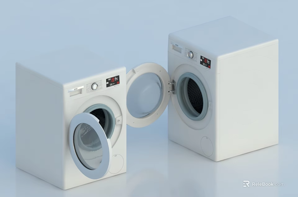 White Front Loading Washing Machines With Open Doors And Modern Design 3d model