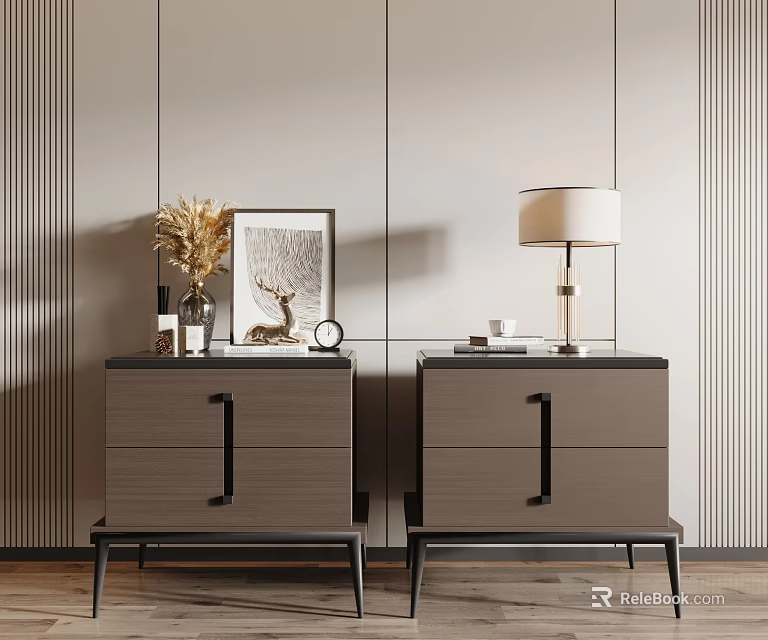 Modern Dark Gray Bedside Tables With Drawers Black Handles Vase Lamp And Framed Artwork 3d model 