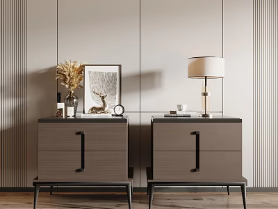 Modern Dark Gray Bedside Tables With Drawers Black Handles Vase Lamp And Framed Artwork 3d model