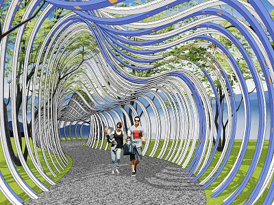 Garden Landscape With Wavy Blue White Archway Gravel Path And People Walking 3d model