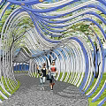 Garden Landscape With Wavy Blue White Archway Gravel Path And People Walking