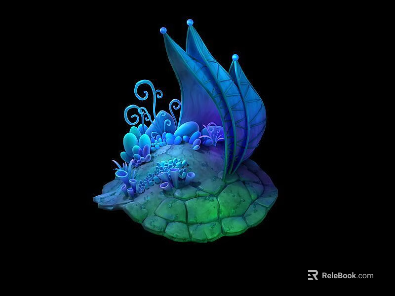 Vibrant Fantasy Decorative Scene With Blue Leaves Green Turtle Shell Base And Small Decorations 3d model 