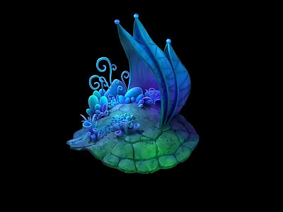 Vibrant Fantasy Decorative Scene With Blue Leaves Green Turtle Shell Base And Small Decorations 3d model