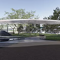 Modern Curved Entrance Gate Design With Trees Water Feature And Pathway