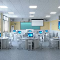 School Modern Computer Classroom Setup With Projector Computers And Student Desks 3d model