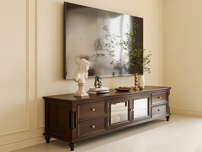 Dark Brown Wooden TV Stand With Glass Doors Drawers And Decorative Items 3d model