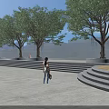 Urban Park Landscape With Tall Green Trees Stone Steps And Woman Walking