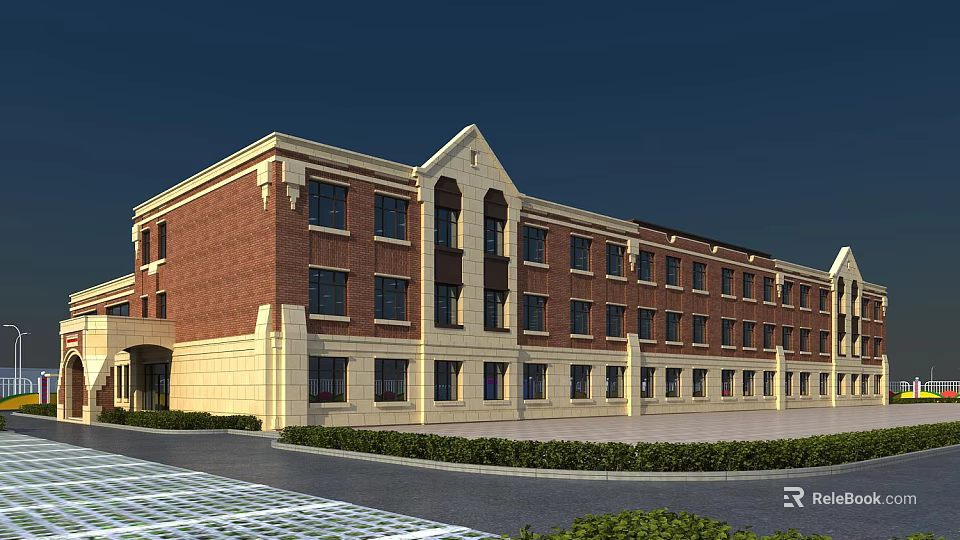 Modern School Building With Red Brick Exterior Beige Base Multi Story Windows Landscaping Front Pathway 3d model 