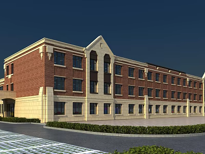 Modern School Building With Red Brick Exterior Beige Base Multi Story Windows Landscaping Front Pathway 3d model