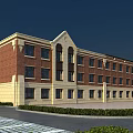 Modern School Building With Red Brick Exterior Beige Base Multi Story Windows Landscaping Front Pathway