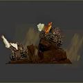 Red Rock Terrain 3D Model Scene Featuring Mechanical Flame Thrower Emitting Fire And Smoke