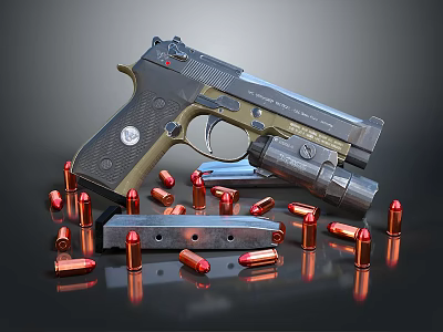 Detailed Tactical Pistol With Scattered Bullets And Magazine On Dark Surface 3d model